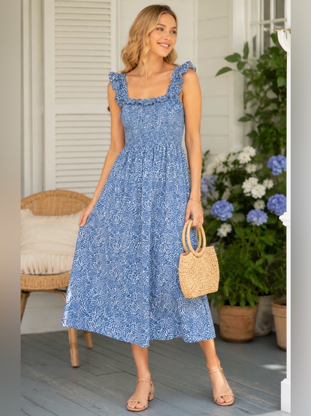EXLURA XL Blue Ivory Smocked Ruffle Strap Midi Maxi Sundress Cottagecore Prairie